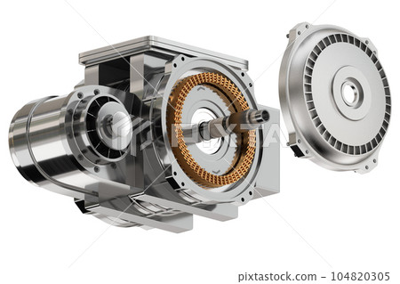 Structural explosion diagram of electric vehicle motor (e-axle) on white background Structural explosion diagram of electric vehicle motor (e-axle) on white background 104820305