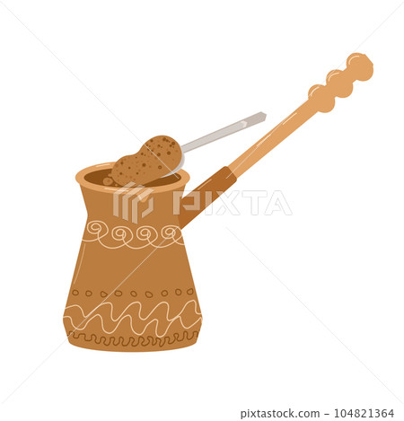 Professional coffee brewing. Turk with a pattern. Spoon the coffee into the turk. Banner, poster, flyer design. Vector illustration. Professional coffee brewing. Turk with a pattern. Spoon the coffee into the turk. Banner, poster, flyer design. Vector illustration. 104821364