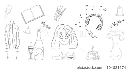 My time is an opportunity to relax or be with myself. The concept of health and energy recovery. Doodle style. Vector illustration. 104821374