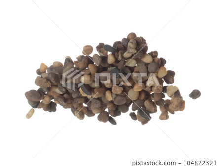 Fish Tank decorative Rock stone gravel fly explosion fall, brown stone rock explode abstract cloud fly, splash in air for ground floor. White background isolated high speed shutter freeze shot 104822321