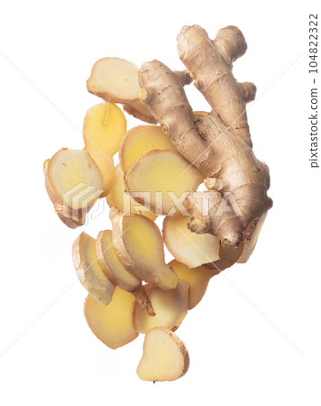 Ginger fall fly in mid air, fresh vegetable spice ginger falling. Organic fresh herbal ginger root head cut chop slice, close up texture. White background isolated freeze motion high speed shutter 104822322