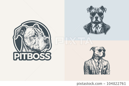 Illustrations Set of a Pitbull wearing a suit and glasses formed in a line art style in a vintage theme Illustrations Set of a Pitbull wearing a suit and glasses formed in a line art style in a vintage theme 104822761
