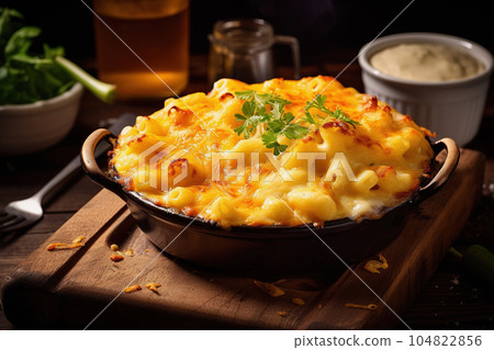 Mac and cheese in plate on rustic table setting. Traditional festive American meal. Generative AI Mac and cheese in plate on rustic table setting. Traditional festive American meal. Generative AI 104822856