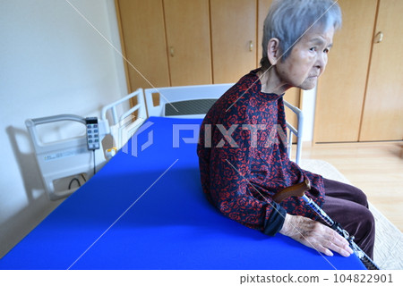 坐在護理床上的高級婦女 坐在護理床上的高級婦女 104822901