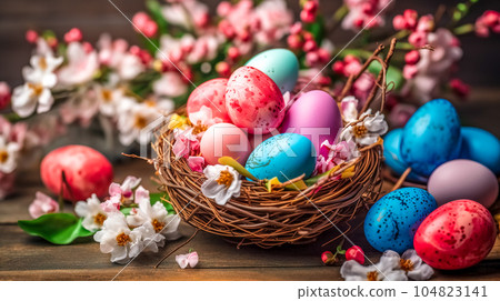 dyed in different colors Easter eggs in basket and flowers, celebration of religious holidays, made with Generative AI dyed in different colors Easter eggs in basket and flowers, celebration of religious holidays, made with Generative AI 104823141