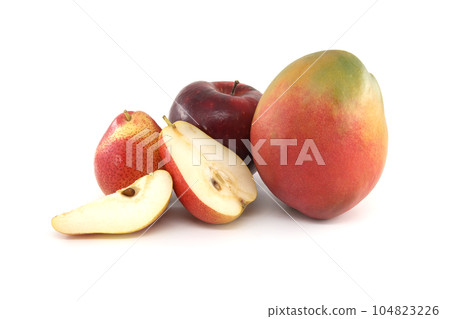 Pears, red apple and multicolored ripe mango fruit Pears, red apple and multicolored ripe mango fruit 104823226