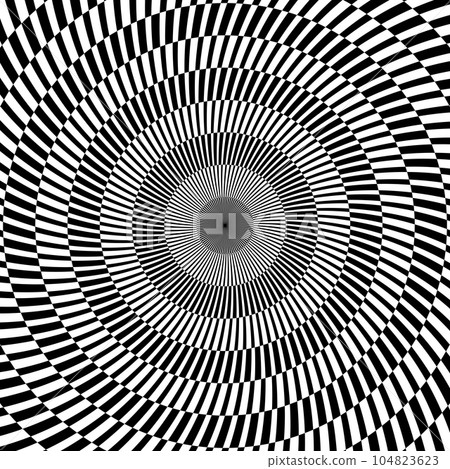 Radial optical illusion background. Black and white abstract lines surface in circles. Poster, banner, template design design. Spinning spiral illusion wallpaper. Vector illustration 104823623