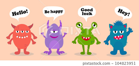 Cartoon funny monsters with text. Set of cute monsters for kids design. Be happy. Good luck. Vector flat illustration. Cartoon funny monsters with text. Set of cute monsters for kids design. Be happy. Good luck. Vector flat illustration. 104823951