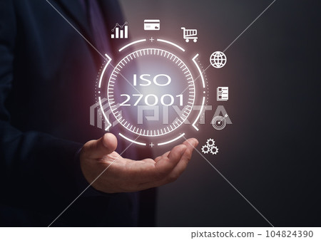 ISO 27001 Concept. Information Security Management System-ISMS. standard for information security management. Prepare, implement, review and monitor keep continuity. 104824390