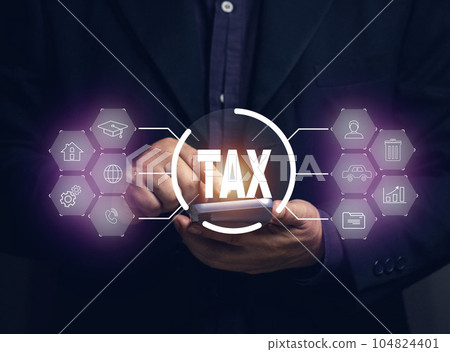 Online tax payment concept. Businessman paying taxes on mobile by filling out online utilities, medical bills, cars, homes, education, phone, stocks. 104824401