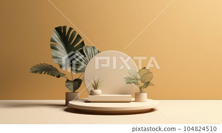 realistic round product pedestal podium 3D background with arch scene and green leaf. Minimal wall scene realistic round product pedestal podium 3D background with arch scene and green leaf. Minimal wall scene 104824510