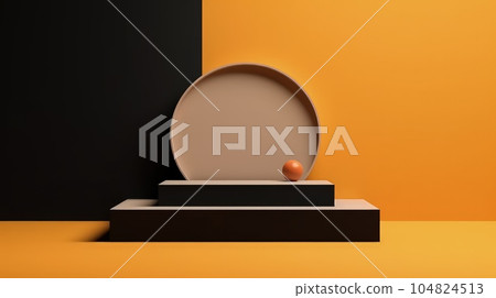 realistic round product pedestal podium 3D background with arch scene and green leaf. Minimal wall scene realistic round product pedestal podium 3D background with arch scene and green leaf. Minimal wall scene 104824513