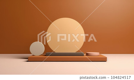 realistic round product pedestal podium 3D background with arch scene and green leaf. Minimal wall scene 104824517