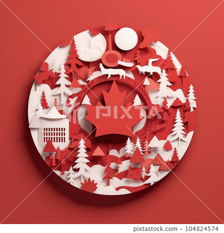 Paper Maple Celebration 3D Paper Cut Craft Illustration for Canada Day. Paper Maple Celebration 3D Paper Cut Craft Illustration for Canada Day. 104824574