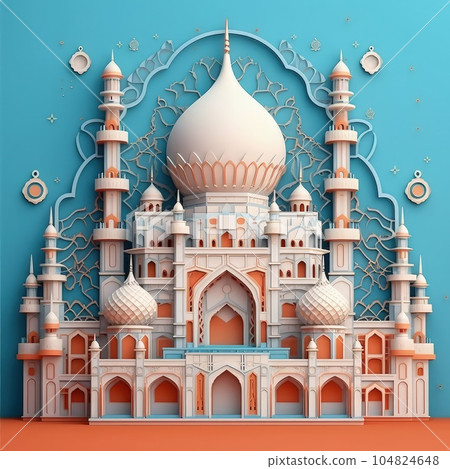 Islamic Architecture in Paper 3D Paper Cut Craft Illustration with Minimal Style. Ramadan Kareem 3d abstract paper cut illustration. 104824648