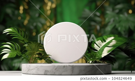 3d background products display stone podium scene with leaf. Marble podium. 104824649