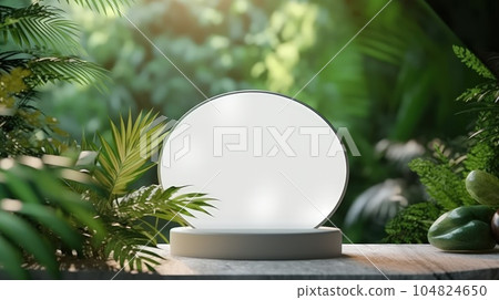 3d background products display stone podium scene with leaf. Marble podium. 3d background products display stone podium scene with leaf. Marble podium. 104824650