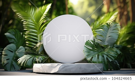cylinder podium in green background with green plant. Marble podium. 104824665
