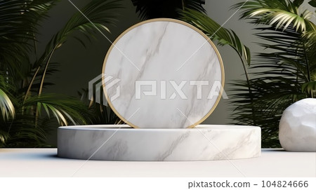 cylinder podium in green background with green plant. Marble podium. 104824666