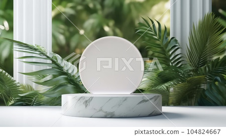 cylinder podium in green background with green plant. Marble podium. cylinder podium in green background with green plant. Marble podium. 104824667
