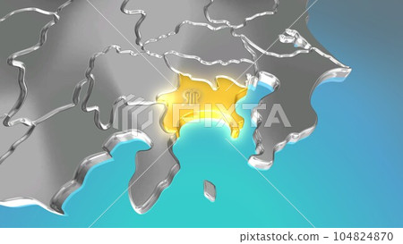 神奈川縣在透視投影中看到的金屬日本列島中閃耀著金色光芒 神奈川縣在透視投影中看到的金屬日本列島中閃耀著金色光芒 104824870