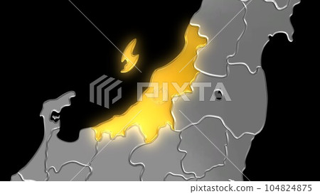 新潟縣在平衡投影中看到的金屬日本列島中閃耀著金色光芒 新潟縣在平衡投影中看到的金屬日本列島中閃耀著金色光芒 104824875