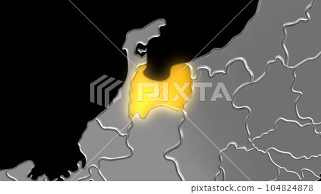 富山縣在平衡投影中看到的金屬日本列島中閃耀著金色光芒 富山縣在平衡投影中看到的金屬日本列島中閃耀著金色光芒 104824878