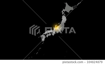 富山縣在平衡投影中看到的金屬日本列島中閃耀著金色光芒 富山縣在平衡投影中看到的金屬日本列島中閃耀著金色光芒 104824879