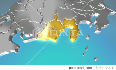 Shizuoka Prefecture shining gold in the metallic Japanese archipelago seen in perspective projection Shizuoka Prefecture shining gold in the metallic Japanese archipelago seen in perspective projection 104824905
