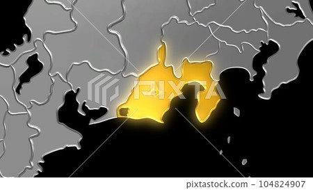 Shizuoka prefecture shines golden in the metallic Japanese archipelago seen in balanced projection Shizuoka prefecture shines golden in the metallic Japanese archipelago seen in balanced projection 104824907