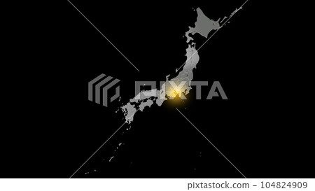 靜岡縣在平衡投影的金屬日本群島中閃耀著金色光芒 104824909