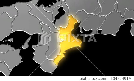 Mie Prefecture shines gold in the metallic Japanese archipelago seen in balanced projection 104824919