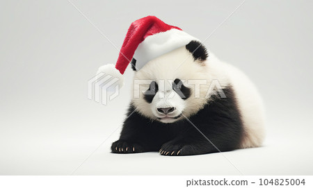 Clumsy cute panda bear in santa claus hat, white background copy space. New Year, holiday concept 104825004