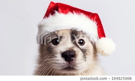The muzzle of a cute puppy in a santa claus hat, close-up light background copy space. New Year, holiday concept The muzzle of a cute puppy in a santa claus hat, close-up light background copy space. New Year, holiday concept 104825006
