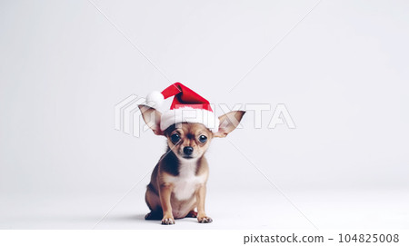 Cute little puppy in santa claus hat, light background copy space. New Year, holiday concept. Template for a postcard 104825008