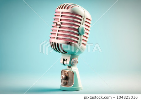 Vintage metal microphone, retro item on blue background, copy space. Art style microphone, classical music nostalgia 104825016