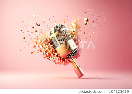 Golden metal microphone shatters explodes into large and small pieces, pink bright background. Grunge, nostalgia Golden metal microphone shatters explodes into large and small pieces, pink bright background. Grunge, nostalgia 104825019
