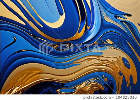 Fluid Art Gold blue liquid acrylic, acrylic paint mixing. Splashes of bright paint on canvas. Fashion liquid art 104825030
