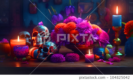 Mexican holiday Dia de Muertos. Traditional table with candles, flowers, sugar skulls, Day of Dead offering 104825042