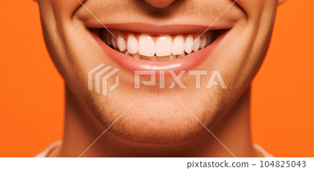 beautiful smile with white even teeth on a bright background, dental treatment. Generative AI 104825043