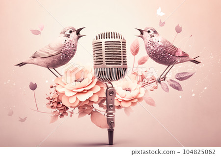 Golden metal microphone decorated with pink flowers and small birds of paradise, pink pastel background, copy space 104825062