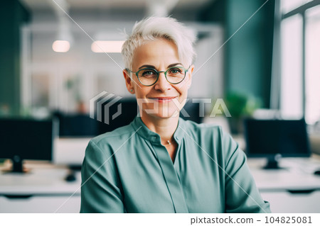 Beautiful middle-aged financial business woman executive, wearing glasses, with gray hair, looks at the camera and smiles 104825081