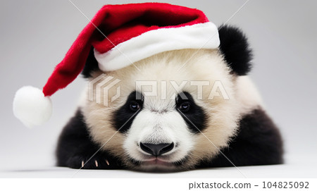 Clumsy cute panda bear in santa claus hat, white background copy space. New Year, holiday concept 104825092