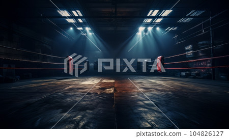 Epic empty boxing ring in the spotlight on the fight night AI Epic empty boxing ring in the spotlight on the fight night AI 104826127