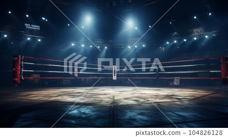 Epic empty boxing ring in the spotlight on the fight night AI Epic empty boxing ring in the spotlight on the fight night AI 104826128