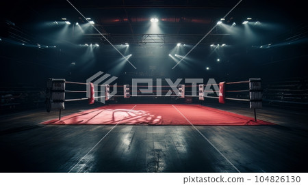 Epic empty boxing ring in the spotlight on the fight night AI 104826130