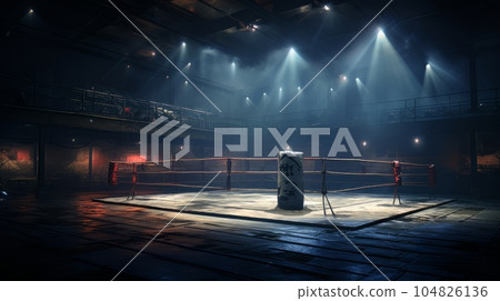 Epic empty boxing ring in the spotlight on the fight night AI 104826136