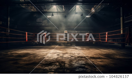 Epic empty boxing ring in the spotlight on the fight night AI 104826137