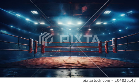 Epic empty boxing ring in the spotlight on the fight night AI 104826148