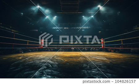 Epic empty boxing ring in the spotlight on the fight night AI 104826157